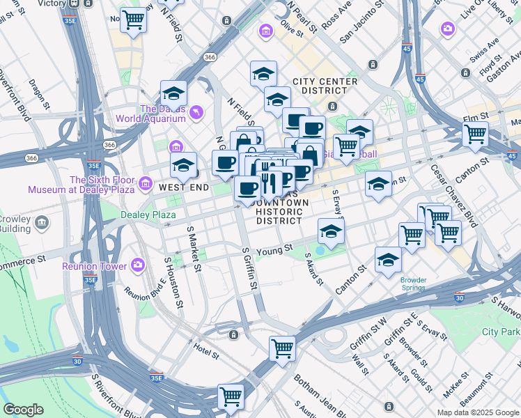 map of restaurants, bars, coffee shops, grocery stores, and more near in Dallas