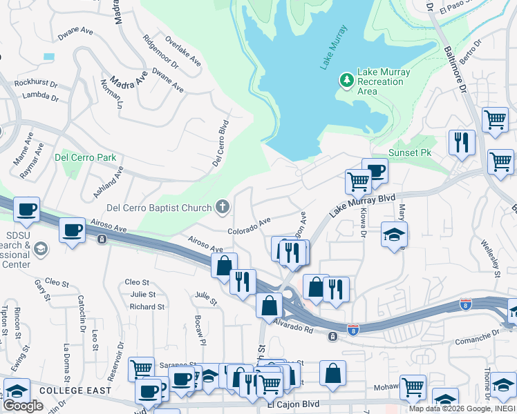 map of restaurants, bars, coffee shops, grocery stores, and more near 6929 Wyoming Avenue in La Mesa