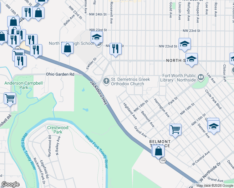 map of restaurants, bars, coffee shops, grocery stores, and more near 1353 Francis Street in Fort Worth