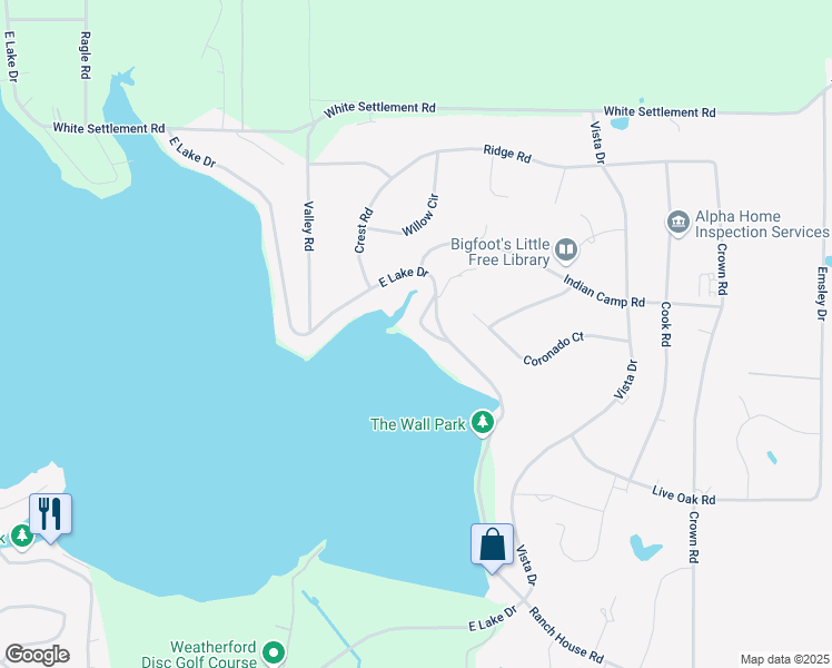 map of restaurants, bars, coffee shops, grocery stores, and more near 1333 East Lake Drive in Weatherford