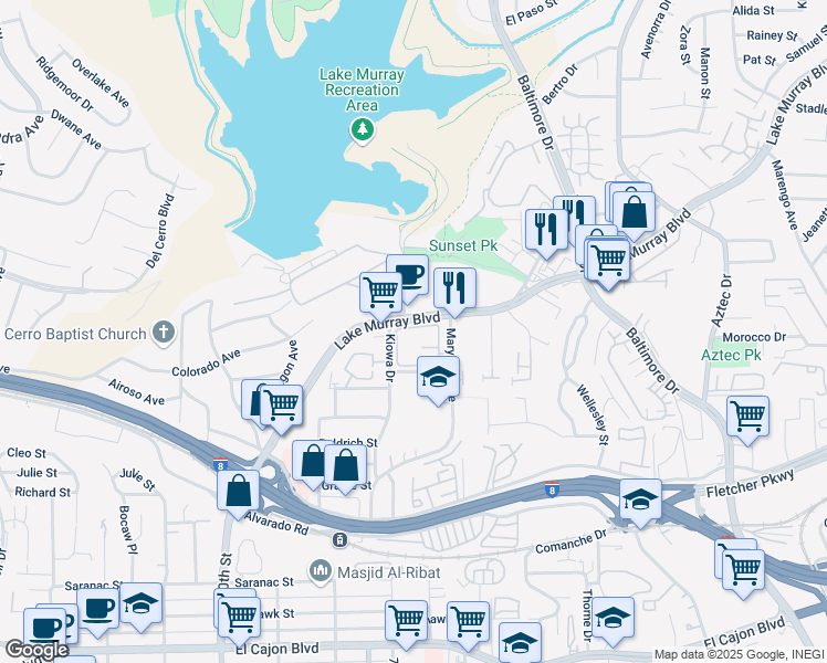 map of restaurants, bars, coffee shops, grocery stores, and more near 5425 Lake Murray Boulevard in La Mesa