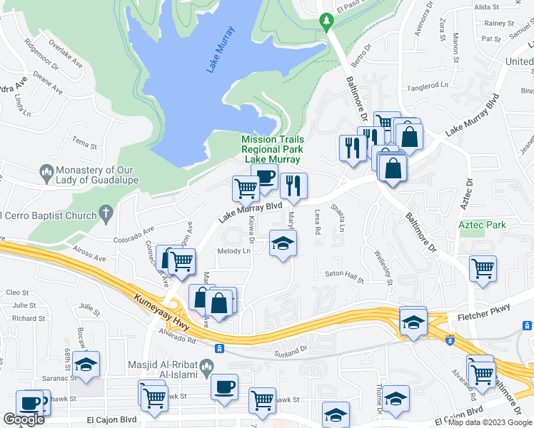 map of restaurants, bars, coffee shops, grocery stores, and more near 5424 Lake Murray Boulevard in La Mesa