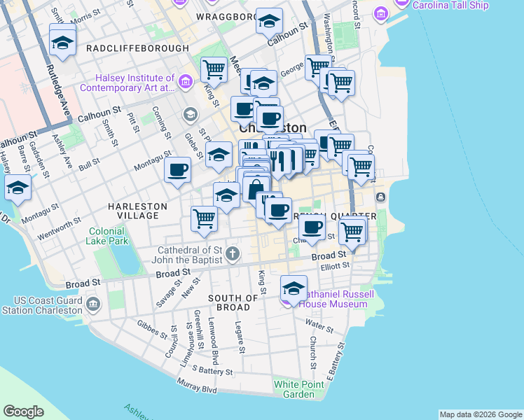 map of restaurants, bars, coffee shops, grocery stores, and more near 264 Horlbeck Alley in Charleston
