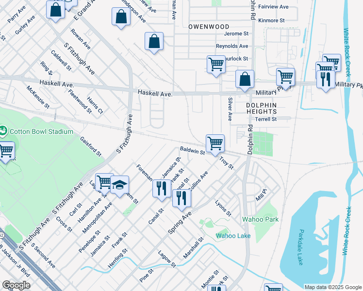map of restaurants, bars, coffee shops, grocery stores, and more near 4715 Baldwin Street in Dallas
