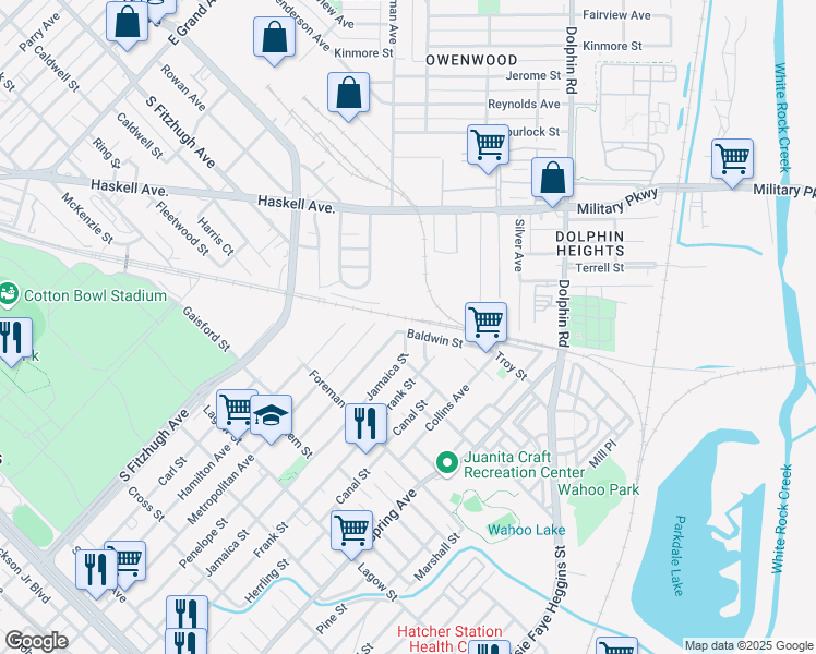 map of restaurants, bars, coffee shops, grocery stores, and more near 4715 Baldwin Street in Dallas