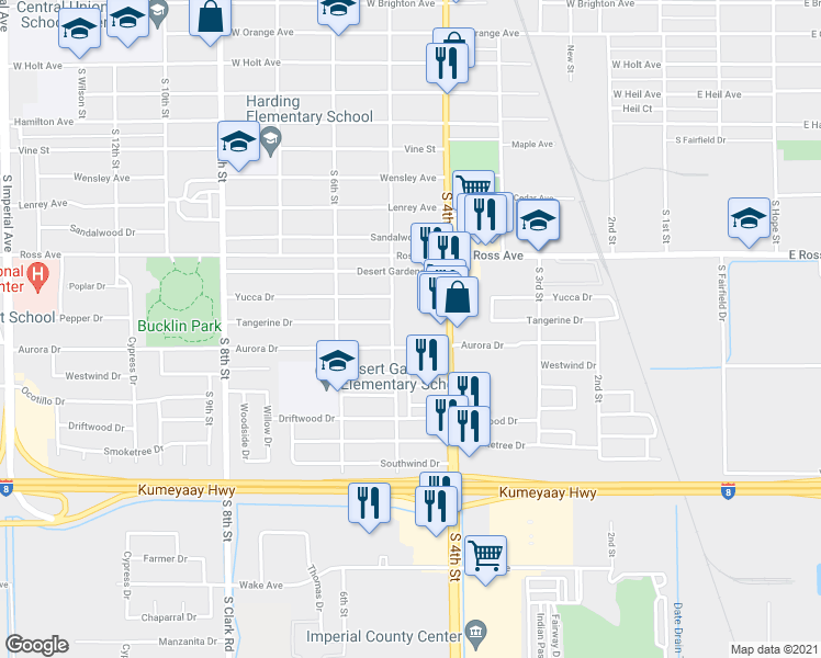 map of restaurants, bars, coffee shops, grocery stores, and more near 480 Aurora Drive in El Centro
