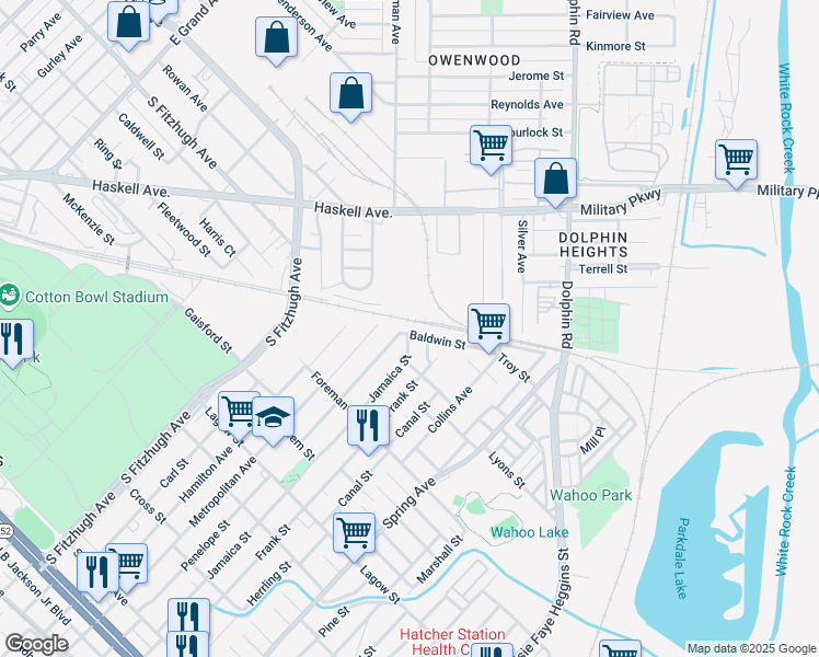 map of restaurants, bars, coffee shops, grocery stores, and more near 4707 Baldwin Street in Dallas