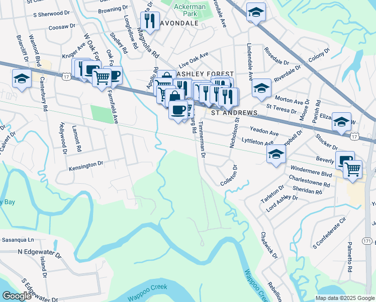 map of restaurants, bars, coffee shops, grocery stores, and more near 45 Coburg Road in Charleston