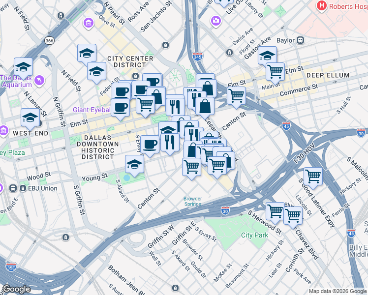 map of restaurants, bars, coffee shops, grocery stores, and more near S Harwood St & Young St in Dallas