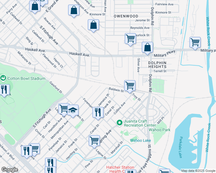 map of restaurants, bars, coffee shops, grocery stores, and more near 4707 Baldwin Street in Dallas