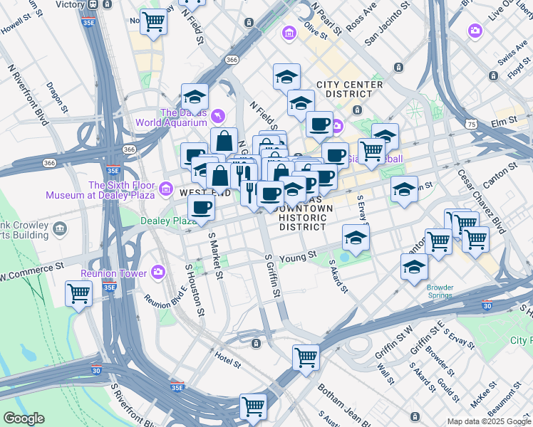 map of restaurants, bars, coffee shops, grocery stores, and more near 1100 Commerce Street in Dallas