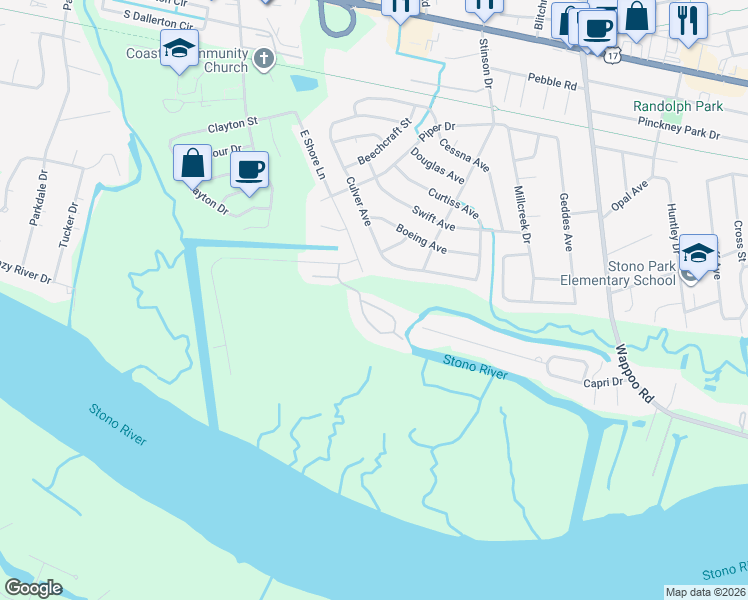 map of restaurants, bars, coffee shops, grocery stores, and more near 186 River Breeze Drive in Charleston