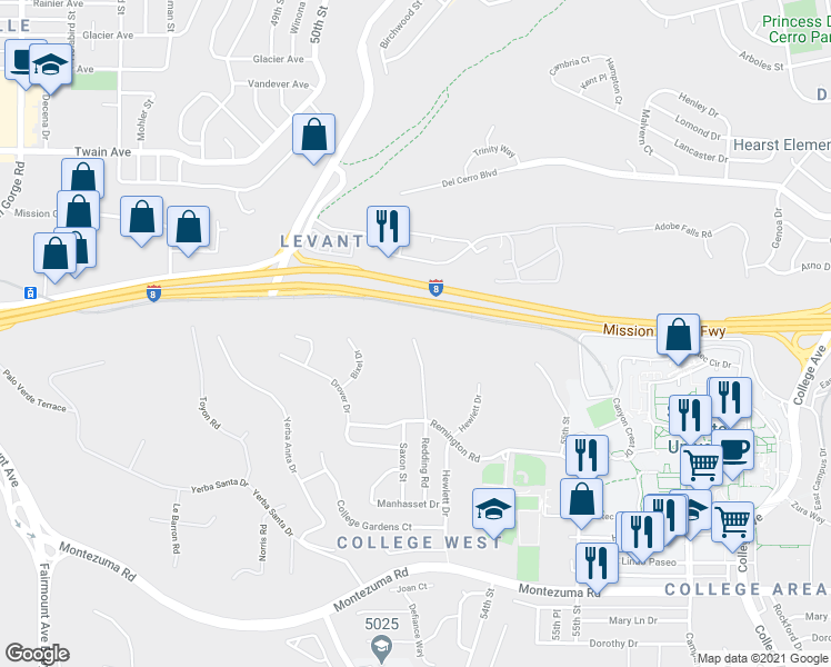 map of restaurants, bars, coffee shops, grocery stores, and more near 5491 Redding Road in San Diego