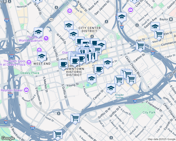 map of restaurants, bars, coffee shops, grocery stores, and more near 1500 Jackson Street in Dallas