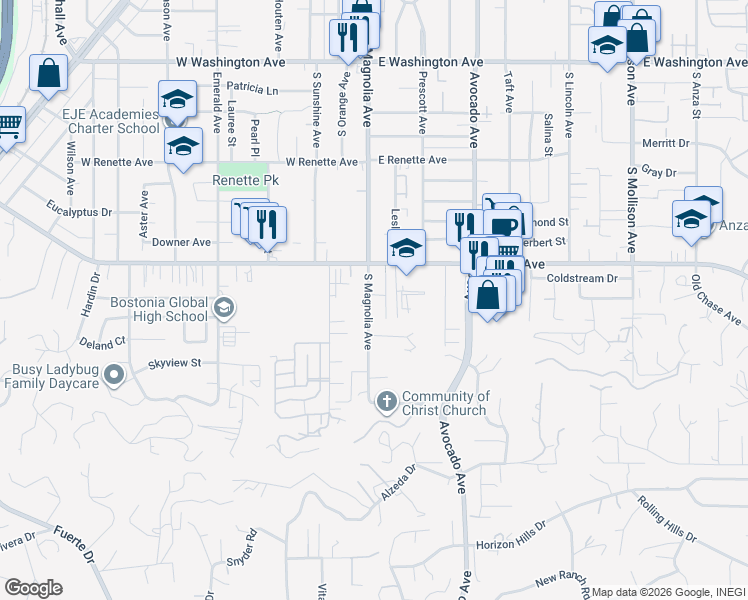 map of restaurants, bars, coffee shops, grocery stores, and more near 1130 South Magnolia Avenue in El Cajon