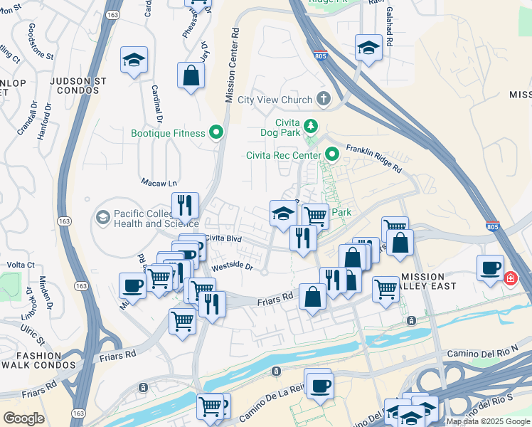 map of restaurants, bars, coffee shops, grocery stores, and more near 8301 Distinctive Drive in San Diego