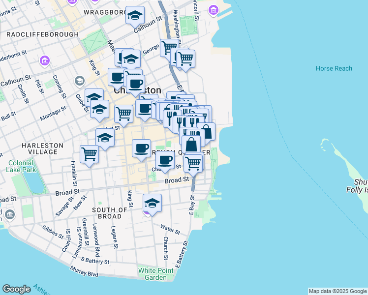 map of restaurants, bars, coffee shops, grocery stores, and more near 191 East Bay Street in Charleston