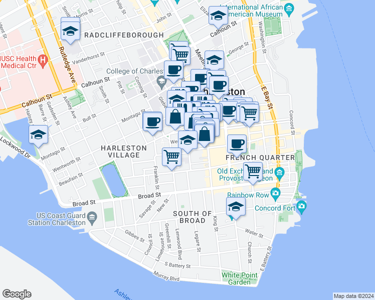 map of restaurants, bars, coffee shops, grocery stores, and more near 29 Archdale Street in Charleston