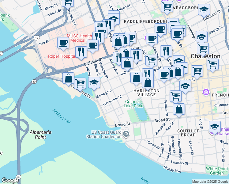 map of restaurants, bars, coffee shops, grocery stores, and more near 53 Montagu Street in Charleston