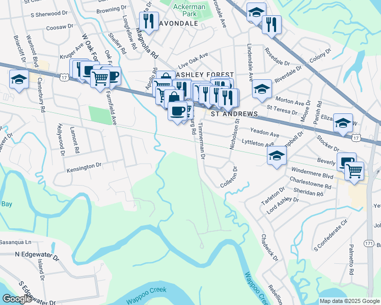 map of restaurants, bars, coffee shops, grocery stores, and more near 45 Coburg Road in Charleston