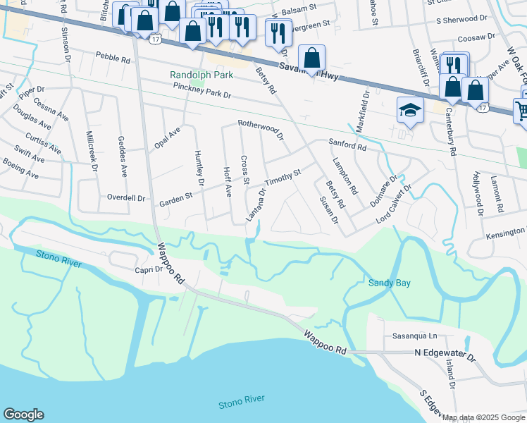 map of restaurants, bars, coffee shops, grocery stores, and more near 343 Lantana Drive in Charleston