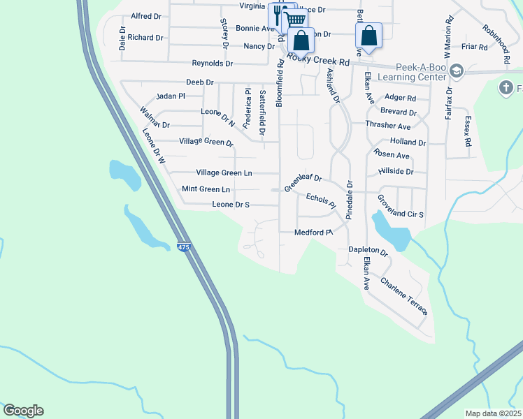 map of restaurants, bars, coffee shops, grocery stores, and more near 2637 Leone Drive South in Macon