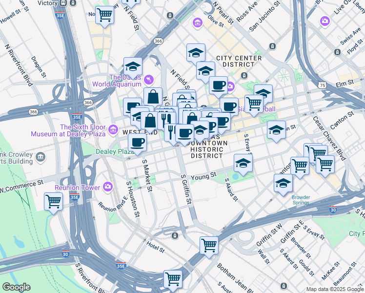 map of restaurants, bars, coffee shops, grocery stores, and more near in Dallas