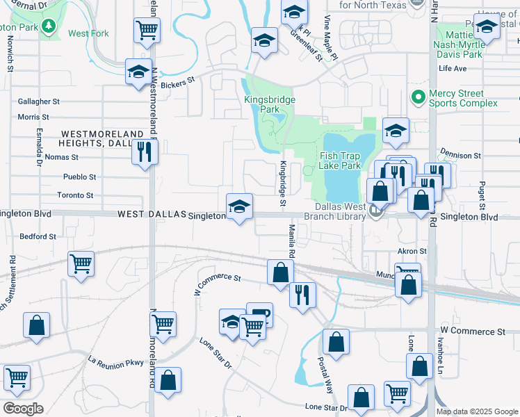 map of restaurants, bars, coffee shops, grocery stores, and more near 13 Toronto Street in Dallas
