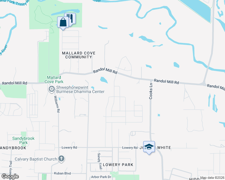 map of restaurants, bars, coffee shops, grocery stores, and more near 204 Ridgeland Oak Drive in Fort Worth