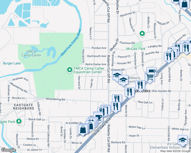map of restaurants, bars, coffee shops, grocery stores, and more near 1205 Yale Street in River Oaks