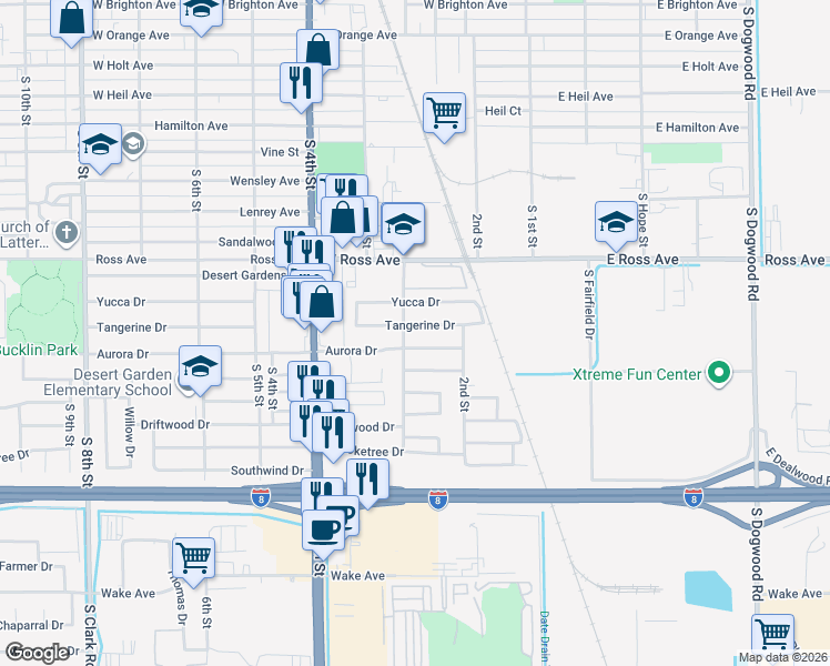 map of restaurants, bars, coffee shops, grocery stores, and more near 274 Tangerine Drive in El Centro