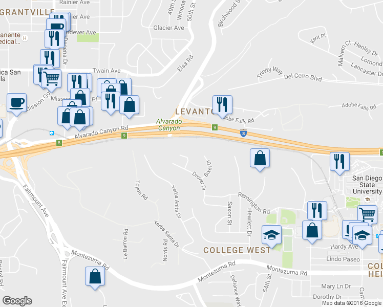 map of restaurants, bars, coffee shops, grocery stores, and more near 5141 Dorman Drive in San Diego