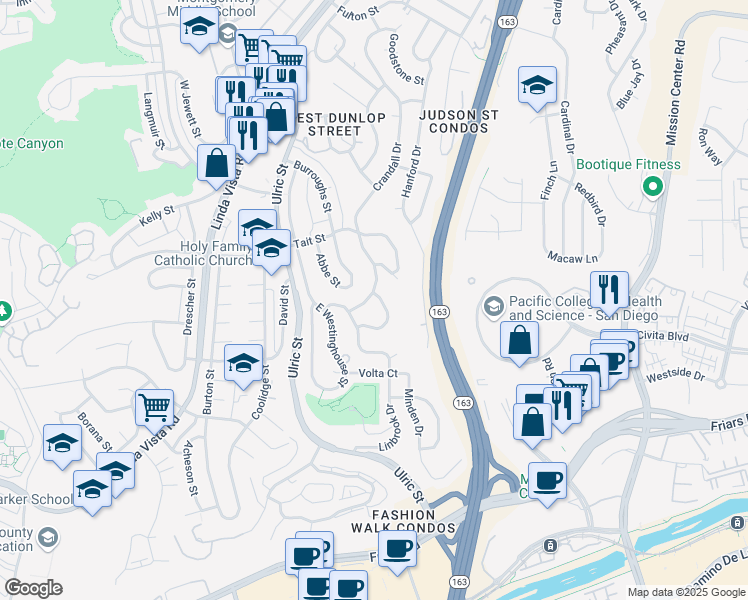 map of restaurants, bars, coffee shops, grocery stores, and more near 1875 Crandall Drive in San Diego