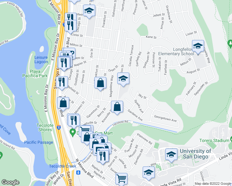 map of restaurants, bars, coffee shops, grocery stores, and more near 1850 Illion Street in San Diego