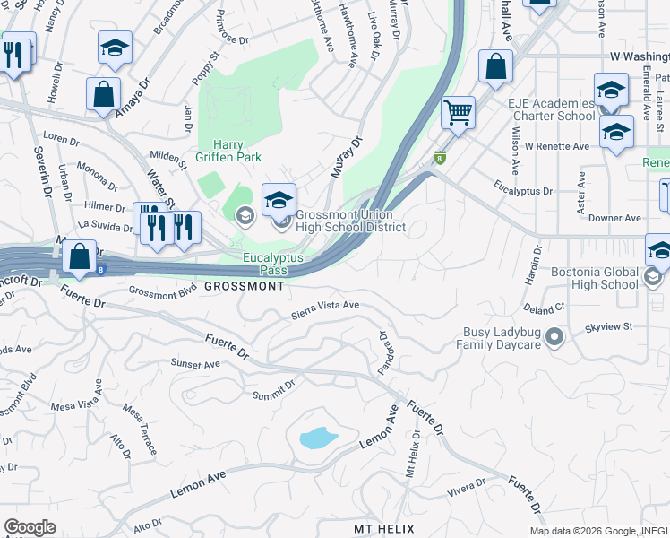 map of restaurants, bars, coffee shops, grocery stores, and more near 1377 Circle Drive in El Cajon