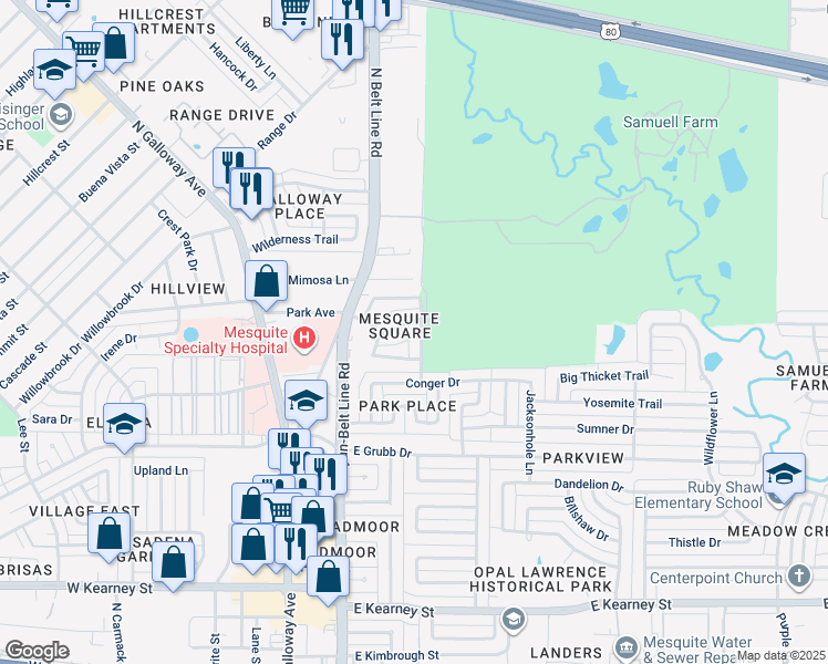 map of restaurants, bars, coffee shops, grocery stores, and more near 1161 Houston Drive in Mesquite