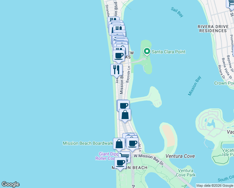 map of restaurants, bars, coffee shops, grocery stores, and more near 3537 Ocean Front Walk in San Diego