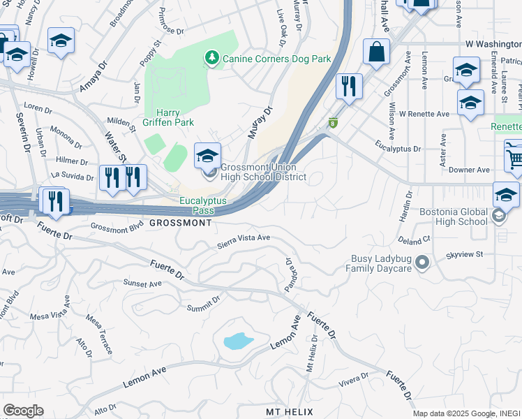 map of restaurants, bars, coffee shops, grocery stores, and more near 1365 Pine Drive in El Cajon