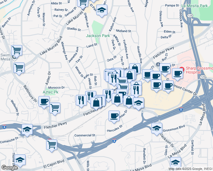 map of restaurants, bars, coffee shops, grocery stores, and more near 5530 Jackson Drive in La Mesa