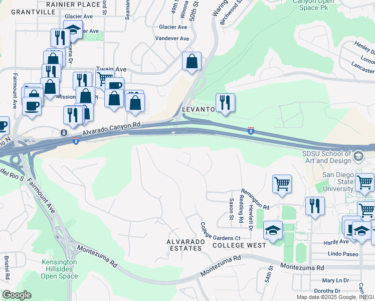 map of restaurants, bars, coffee shops, grocery stores, and more near 5161 Dorman Drive in San Diego