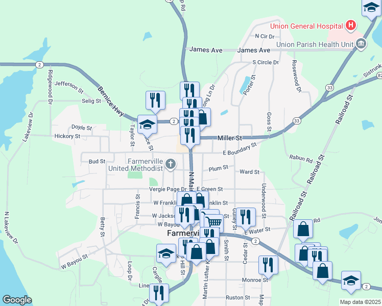 map of restaurants, bars, coffee shops, grocery stores, and more near 101 East Boundary Street in Farmerville