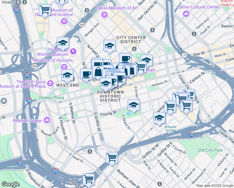 map of restaurants, bars, coffee shops, grocery stores, and more near 308 South Akard Street in Dallas