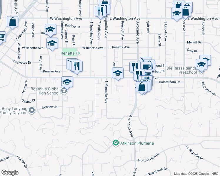 map of restaurants, bars, coffee shops, grocery stores, and more near 1204 White Oak Court in El Cajon