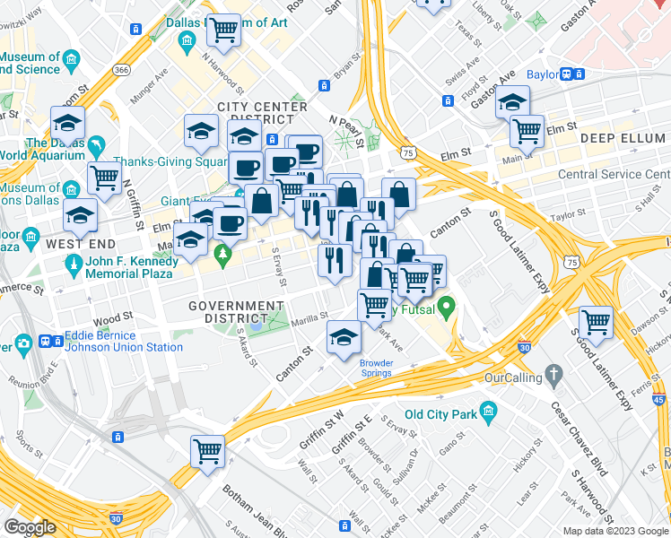 map of restaurants, bars, coffee shops, grocery stores, and more near 408 Park Avenue in Dallas
