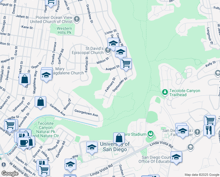 map of restaurants, bars, coffee shops, grocery stores, and more near 4993 February Street in San Diego
