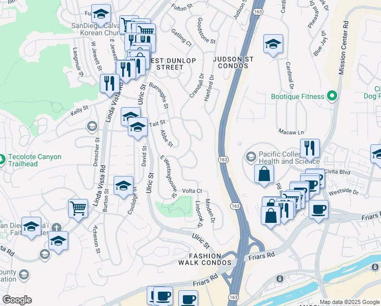 map of restaurants, bars, coffee shops, grocery stores, and more near 1875 Crandall Drive in San Diego