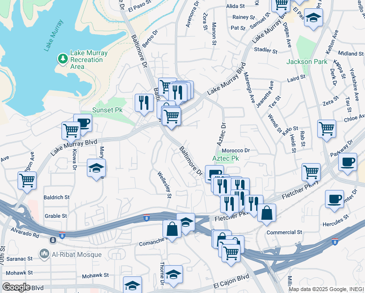 map of restaurants, bars, coffee shops, grocery stores, and more near Baltimore Drive in La Mesa