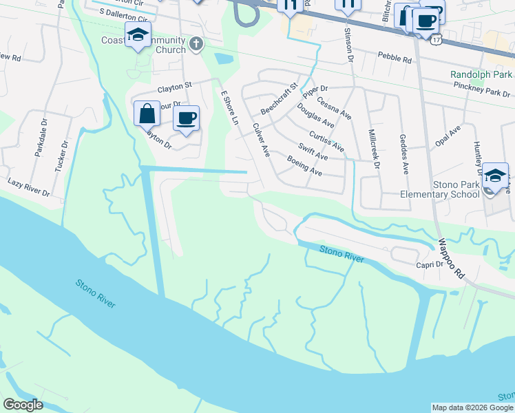 map of restaurants, bars, coffee shops, grocery stores, and more near 197 River Breeze Drive in Charleston