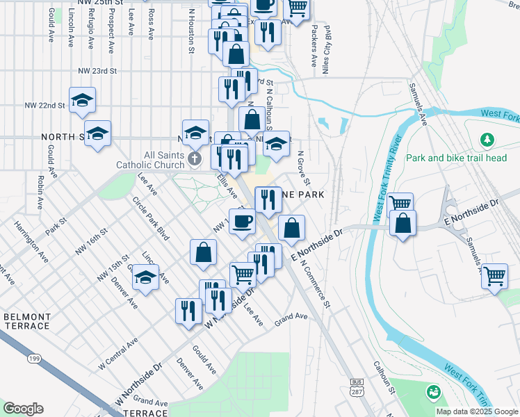 map of restaurants, bars, coffee shops, grocery stores, and more near 1417 North Commerce Street in Fort Worth
