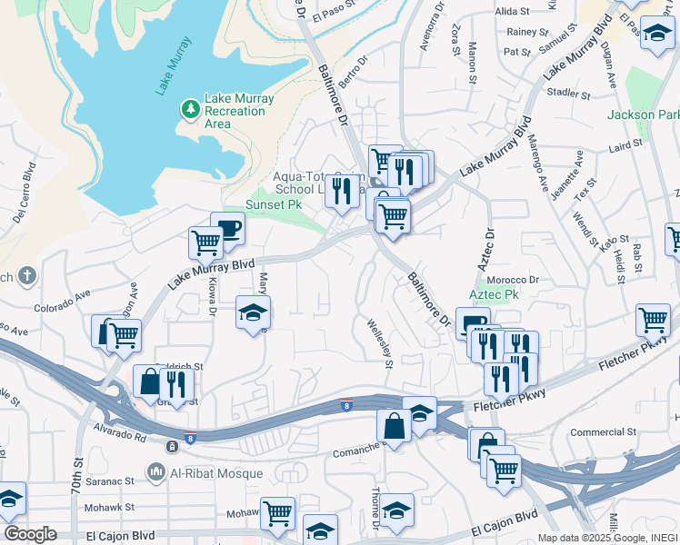 map of restaurants, bars, coffee shops, grocery stores, and more near 5575 Shasta Lane in La Mesa